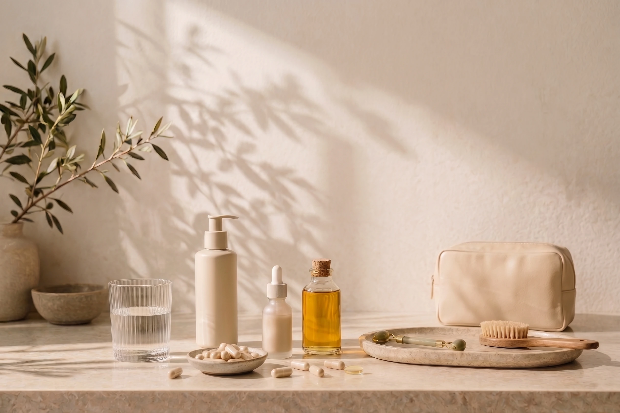 A sunlit vanity with a dish of supplement capsules, a serum, facial oil, a glass of water, and a jade roller